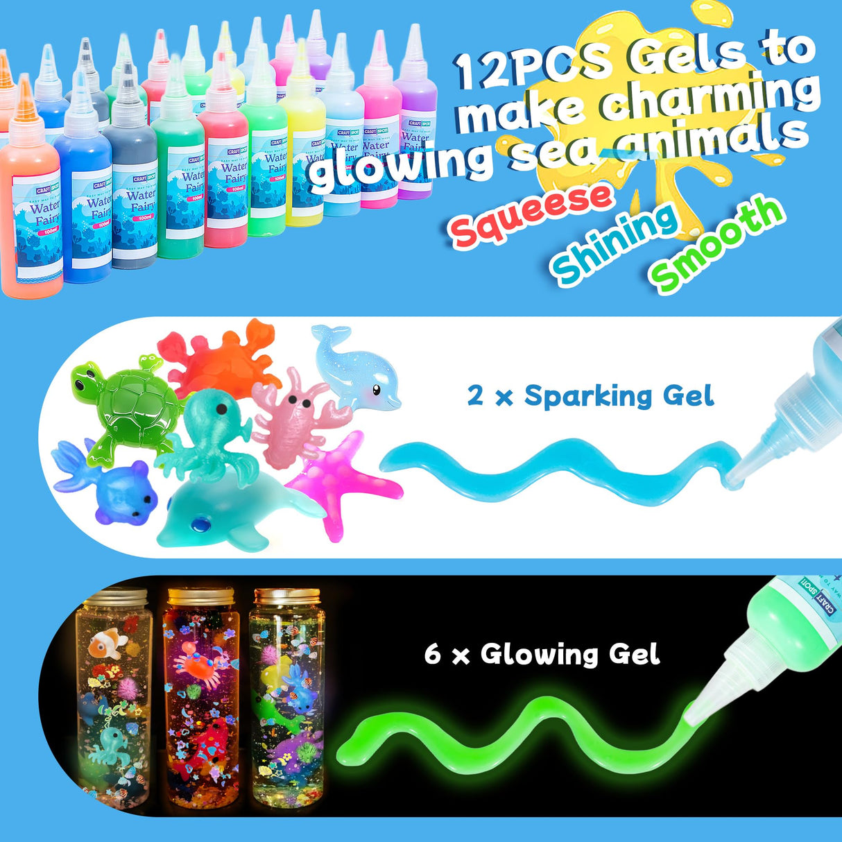 Make 3 Sensory Bottle, Glow-in-The-Dark Magic Gel Water Fairy Toy, DIY 100+ Aqua Water Squishy kit with 18 Shape Molds, 100ml Gels, 5L Bucket, Shell, Glitter, Pom-Poms, Arts Crafts for Kids Craft Spot!
