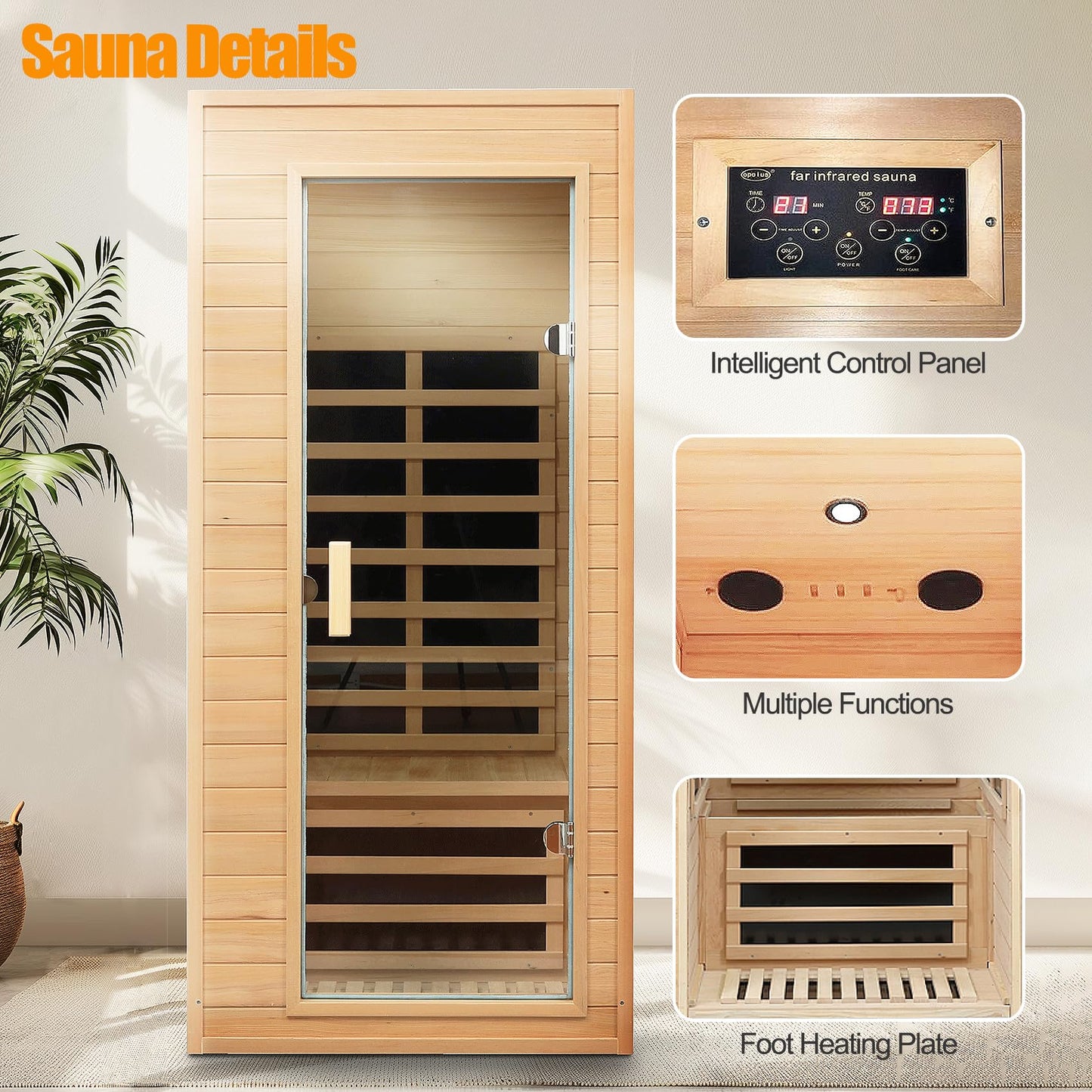 SALUSHEAT Far Infrared Sauna, 1 Person Infrared Sauna, Canadian Hemlock Wood 1290W Low-EMF Infrared Saunas for Home with Control Panel, Bluetooth Speakers, Reading Lamp