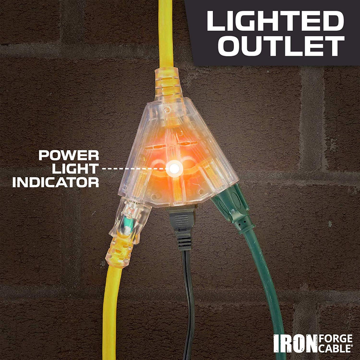 Iron Forge Cable 100ft Outdoor Extension Cord, Lighted with 3 Electrical Power Outlets - 12/3 Gauge SJTW Heavy Duty Extension Cable, Yellow, 15 AMP - 3 Pronged with Grounded Plug for Improved Safety Iron Forge Cable