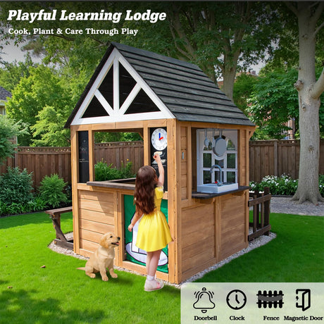 YOFE Kids Playhouse Outdoor, Wooden Play House Playset with Kitchen, Fence, Bench, Dog Door, Doorbell & Flower Pot,Fun Backyard Cottage for Ages 3-8 (Green) YOFE