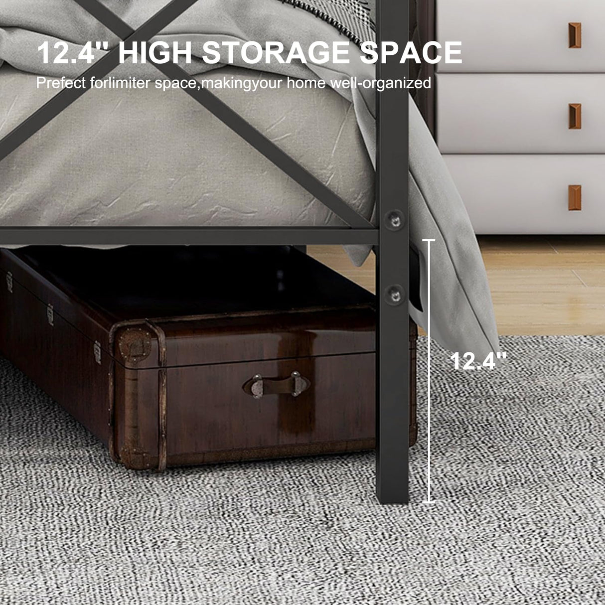 Queen Canopy Bed Frame, Metal Canopy Beds with 4 Poster Design and Geometric Accented Headboard and Footboard, No Box Spring Needed, Underbed Storage Space HomJoones