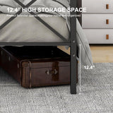 Queen Canopy Bed Frame, Metal Canopy Beds with 4 Poster Design and Geometric Accented Headboard and Footboard, No Box Spring Needed, Underbed Storage Space HomJoones