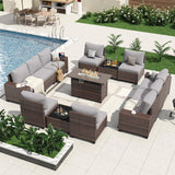 Aoxun 13 Pieces Patio Furniture Set with 44” Fire Pit Table Wicker Rattan Outdoor Sectional Conversation Set with Coffee Table and 4” Thickened Cushions, Gray(Waterproof Cover Included) Aoxun