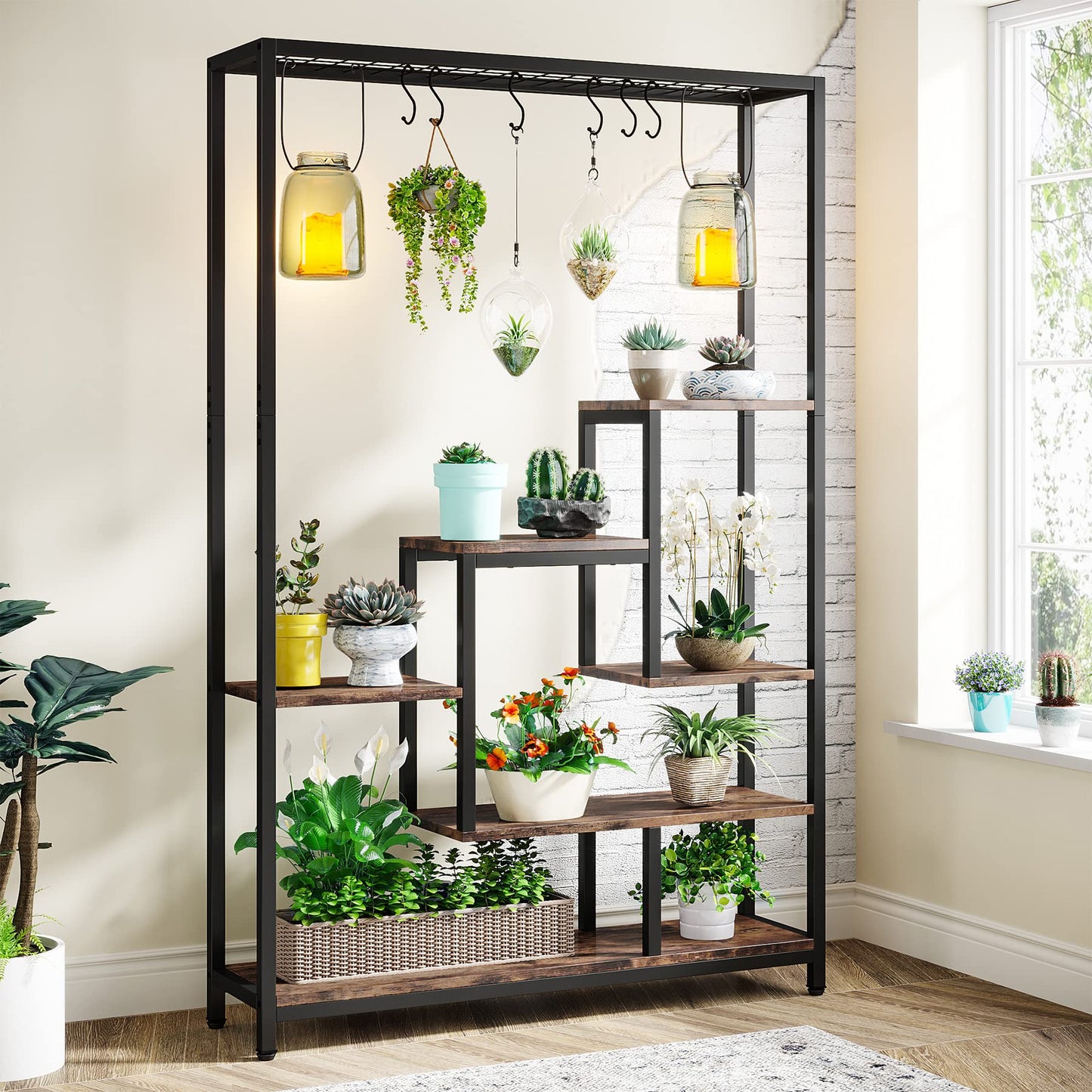 Tribesigns 5-Tier Tall Indoor Plant Stand, 70.9 inches Large Metal Plant Shelf with 6PC S Hanging Hooks, Multi-Purpose Flower Bonsai Pots Display Rack for Indoor, Garden, Balcony, Living Room - WoodArtSupply