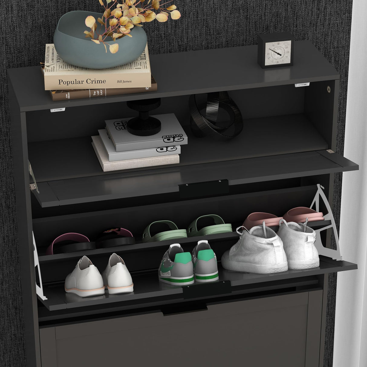 TaoHFE Modern Shoe Cabinet for Entryway - Black Wooden Hidden Shoe Cabinet - Narrow Free Standing 3 Tier Rack TaoHFE