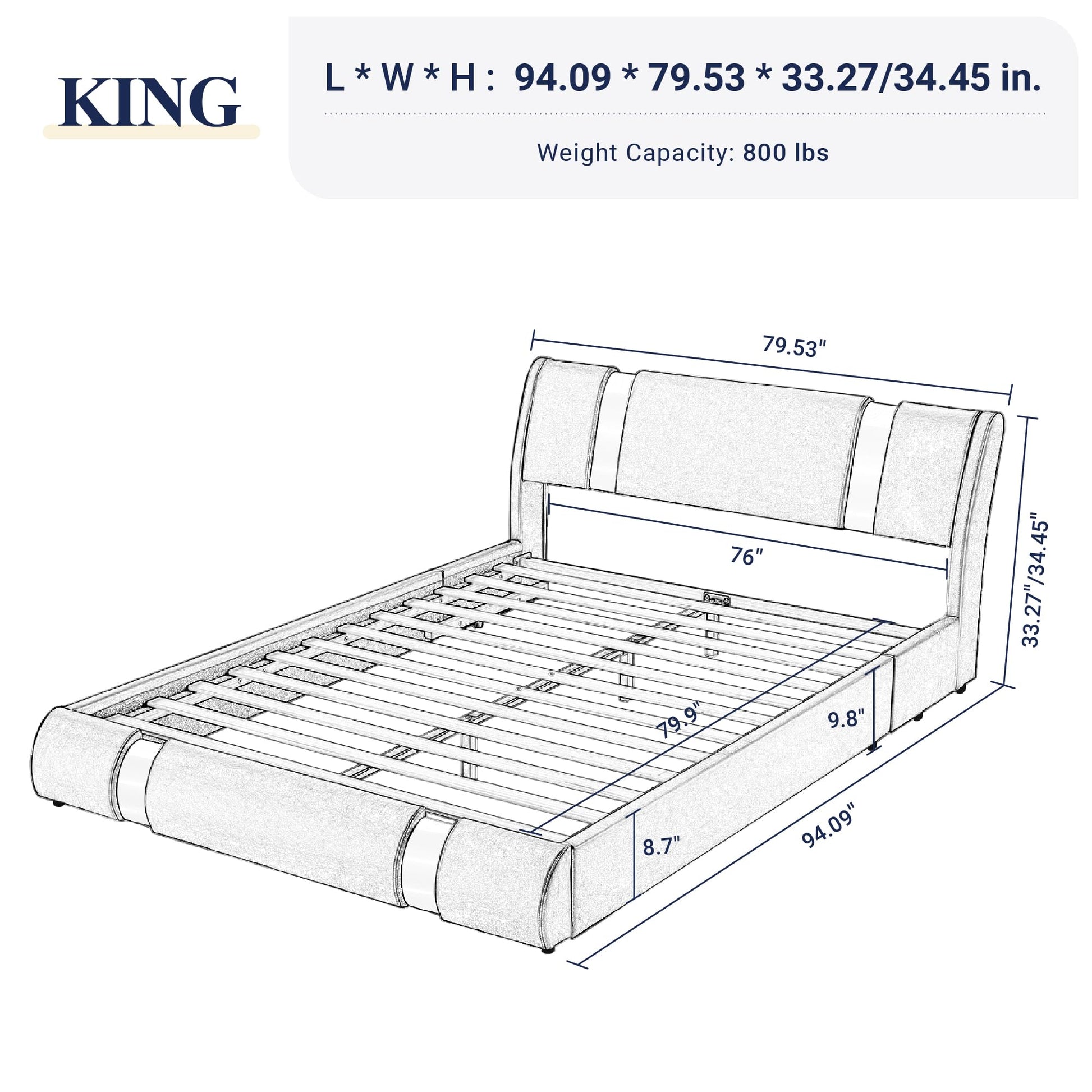 Stylish Allewie King Size Faux Leather Bed Frame with Curved Adjustable Headboard, Modern White Design - WoodArtSupply