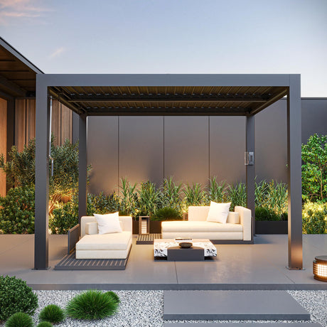 Modern Shade Aurora Louvered Pergola 10'x10' with USB Charging Port Deck, Outdoor Pergola with Adjustable Waterproof Roof & Integrated Drainage, Reinforced Frame for Patio Deck, Easy Assembly, Black Modern Shade Outdoor Living Spaces