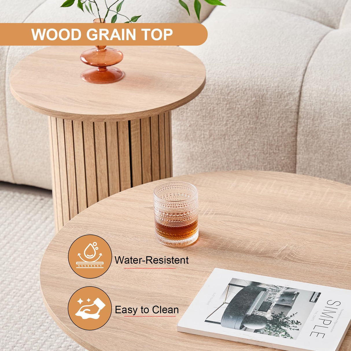 Lecafur HL Round Nesting Coffee Tables Set of 2 -φ27.6 Large Short + φ15.8 Small Tall Boho Circle Side Tables with Fluted Drum Design Lecafur HL