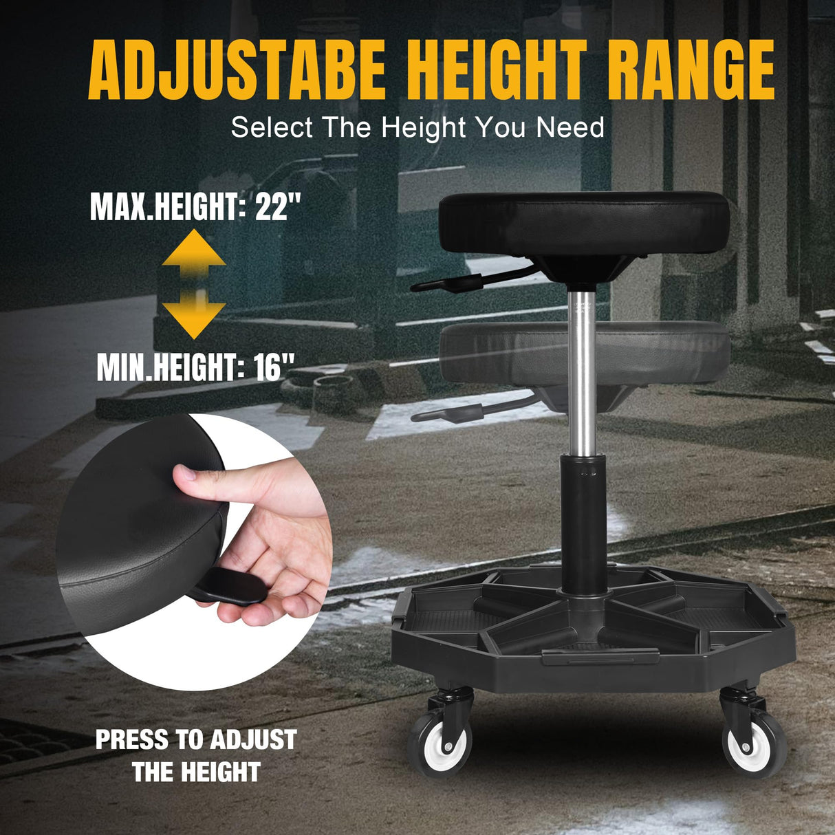 YELLOW JACKET Rolling Garage Seat Adjustable Pneumatic Shop Creeper Seat 300Lbs Mechanic Stool with Wheels and Removable Tool Tray Storage Workshop Chair for Auto Repair YELLOW JACKET