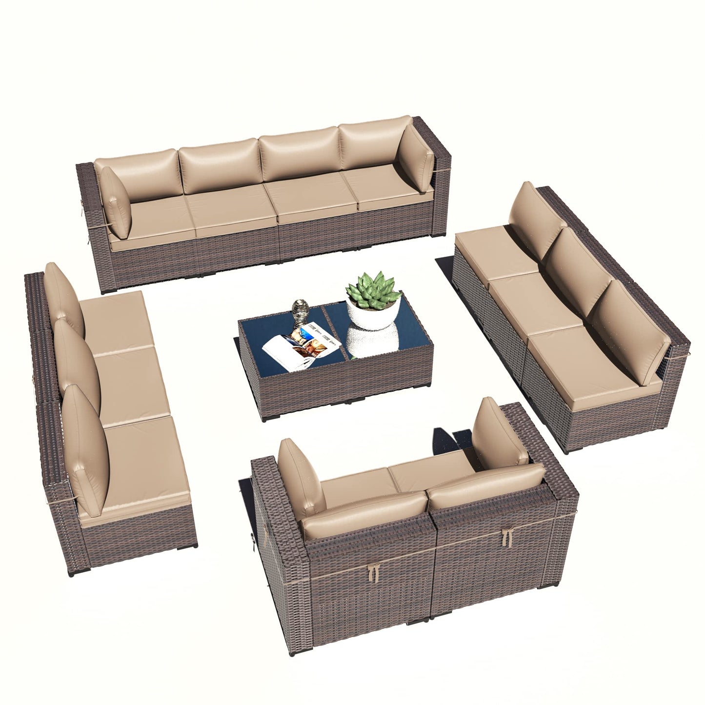 ASJMR Outdoor Patio Furniture Set, 14 Pieces Outdoor Sectional Furniture Patio Sofa, All-Weather PE Rattan Patio Conversation Set with Tempered Glass Top Table & Cushions(Brown).