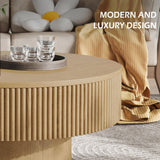 YOUDENOVA 31.5” Round Fluted Coffee Table, Modern Wood Circle Coffee Table, Veneer Handcrafted Relief Tea Table with Sturdy Pedestal for Living Room - Nature YOUDENOVA