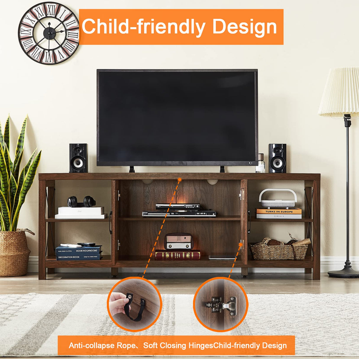 Okvnbjk TV Stand for 75 Inch TV with Storage,65 Inch Width Wood TV Stand for 65 70 75+ Inch TV with Soft Closing Door Hinges, Dark Walnut Okvnbjk