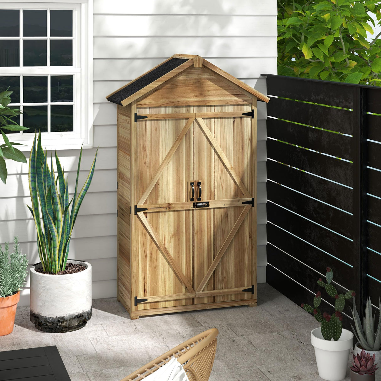 Outsunny Outdoor Storage Cabinet with Waterproof Asphalt Roof, Wooden Garden Shed with Double Lockable Doors and Shelves, Wood Tool Shed for Backyard, Patio, Lawn, Natural Outsunny