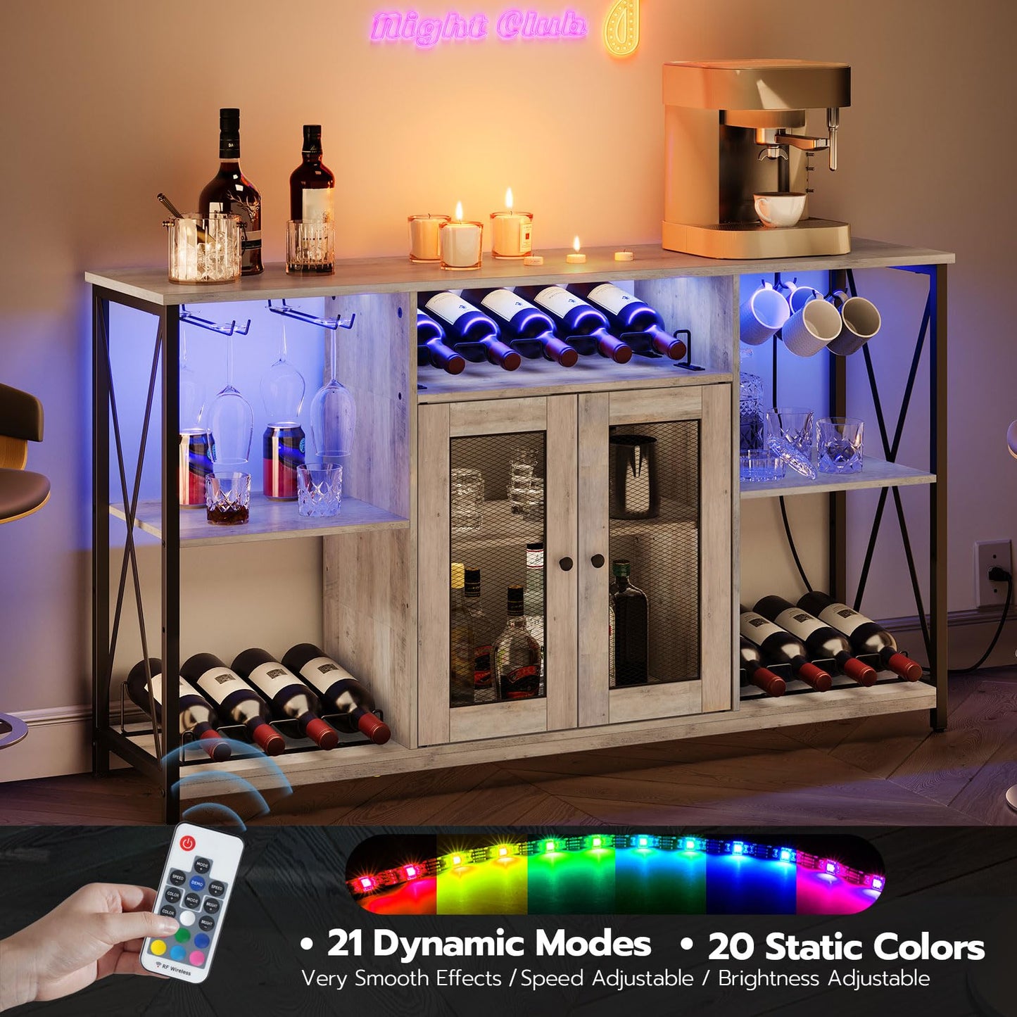 HOOBRO Greige and Black Wine Bar Cabinet with LED Lights and Power Outlets - WoodArtSupply