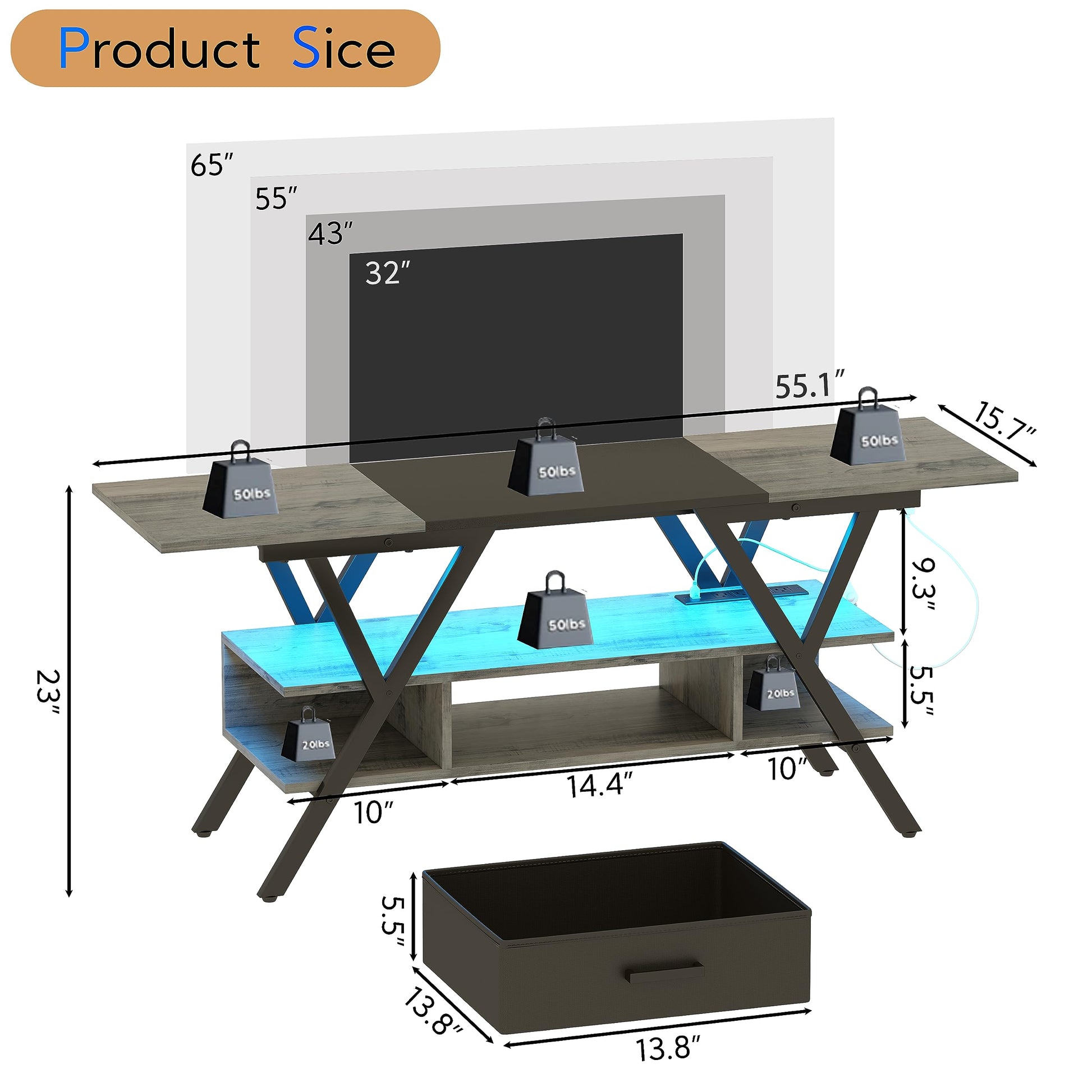 Yusong 65 inch LED TV Stand, Entertainment Center Gaming TV Table with Outlets, Up to 65" Media Console for Living Room, 29+DIY Dynamic RGB Modes, Greige and Black - WoodArtSupply