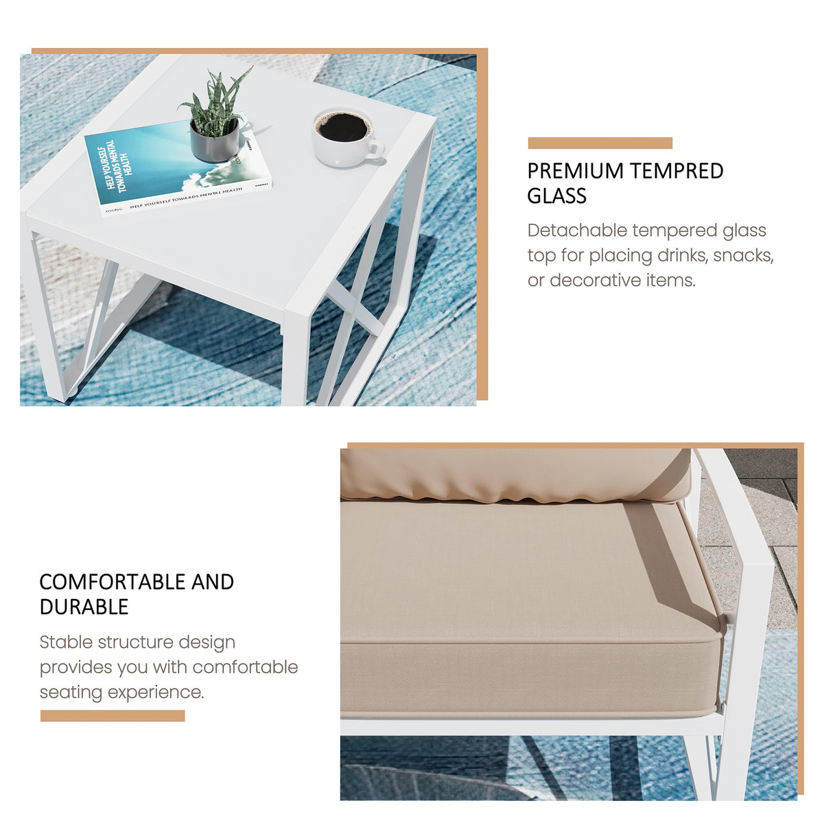 Shintenchi 3 Piece White Metal Outdoor Furniture Sectional Set, Modern Outdoor Metal Chair Conversation Furniture Set with Coffee Table for Patio,Backyard,Balcony (Khaki) Shintenchi