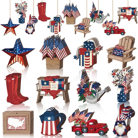 Karenhi 36 Pcs 4th of July Patriotic Ornaments for Tree Wooden Memorial Day Decorations Red White Blue Hanging Ornament America Star Gnome Wood Cutout Independence Day Decor for Home Tree(Classic) Karenhi