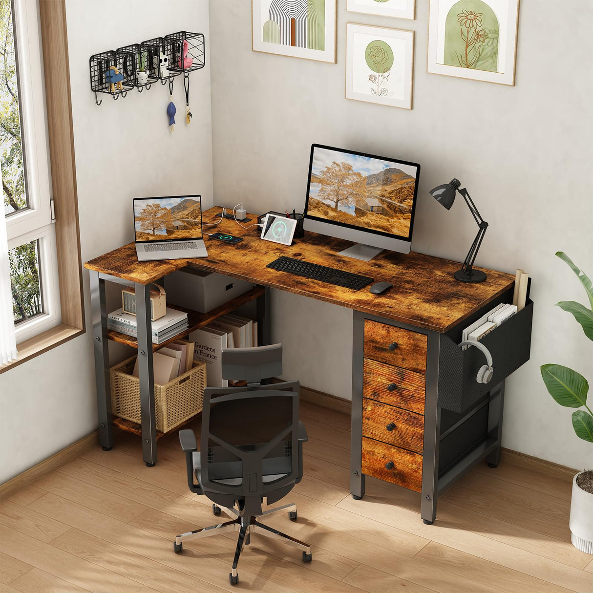 Lufeiya L Shaped Desk with Drawers & Storage Shelves, 47 Inch Corner Computer Desk with Power Outlet for Home Office Bedroom, L-Shaped Gaming PC Desks with Fabric Drawer, Rustic Brown Lufeiya
