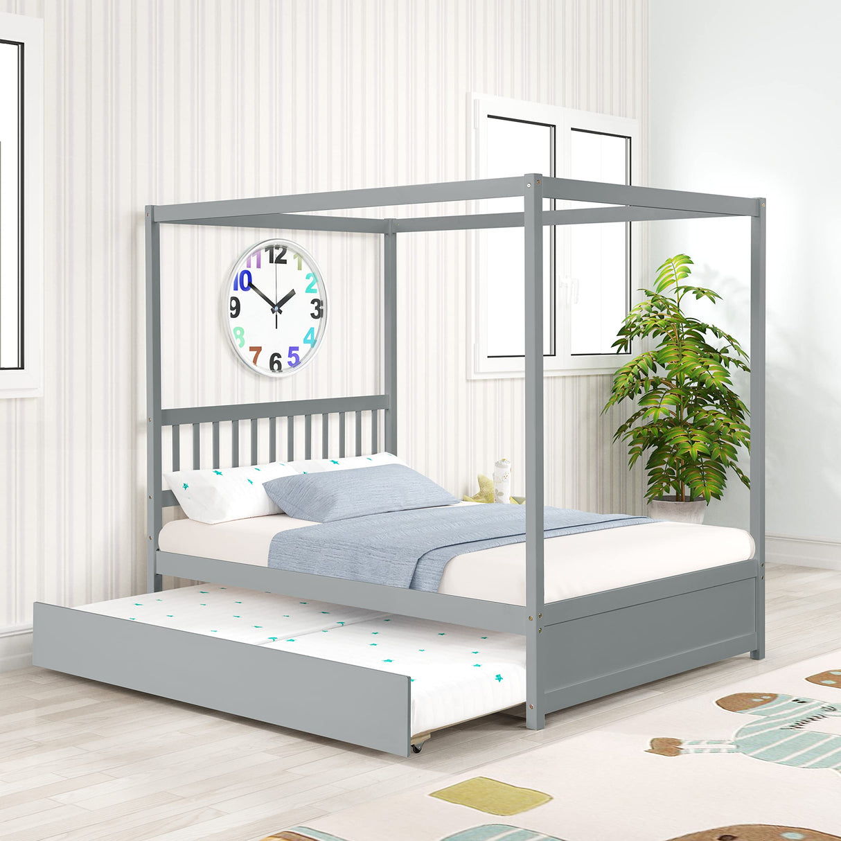 Bellemave Full Size Canopy Bed with Twin Size Trundle, Wood Full Platform Bed with Headboard, Modern 4 Poster Panel Bed for Kids, Teens, Adults. No Box Spring Needed (Gray) Bellemave