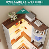 YITAHOME Corner Bookshelf with Storage, Farmhouse 6-Tier Bookshelf with Drawers and Cabinets, L-Shaped Bookcase LED Lights Corner Display Shelf for Home Office, Living Room, Bedroom YITAHOME
