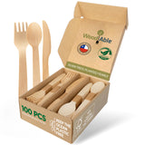 Disposable Wooden Cutlery Set - 100% Home Compostable - 100 Mix - (40 Forks, 40 Spoons and 20 Knives) 6.5", Bamboo Utensils Alternative, Eco-Friendly, Organic, Sustainable and Carbon Neutral Certified WOODABLE