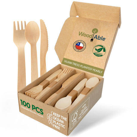 Disposable Wooden Cutlery Set - 100% Home Compostable - 100 Mix - (40 Forks, 40 Spoons and 20 Knives) 6.5", Bamboo Utensils Alternative, Eco-Friendly, Organic, Sustainable and Carbon Neutral Certified WOODABLE