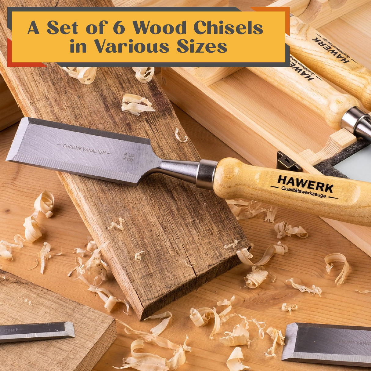 HAWERK Wood Chisel Sets - Wood Carving Chisels with Premium Wooden Case - Includes 6 pcs Wood Chisels & 2 Sharpening Stones Hawerk
