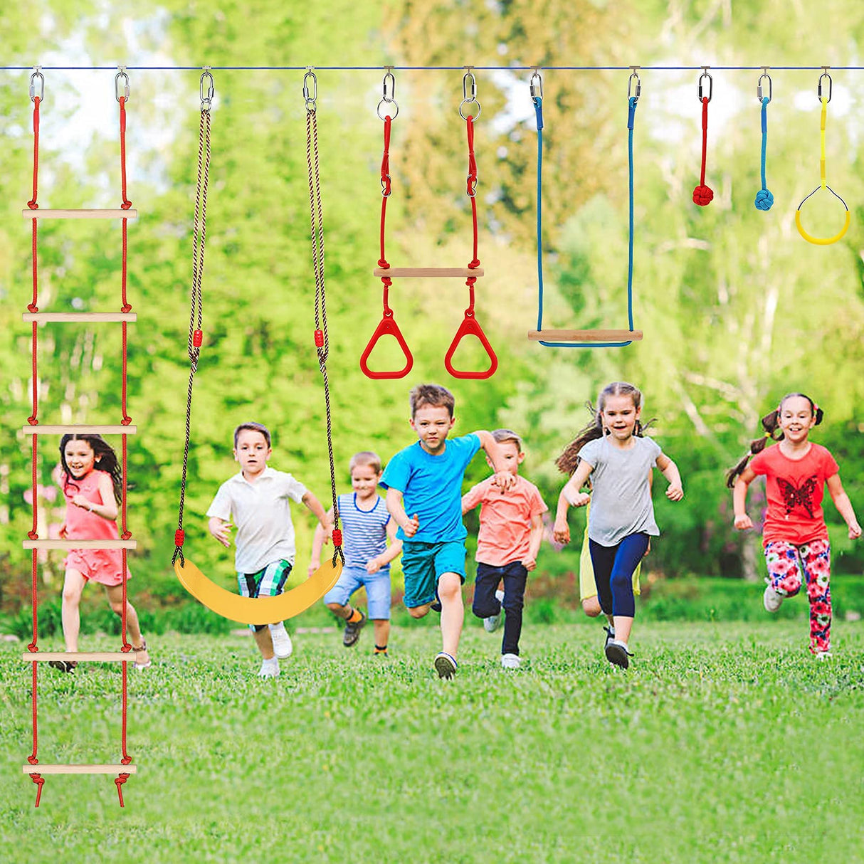 AMCCM Ninja Warrior Obstacle Course for Kids -Slackline Kit 65FT with 15 Sturdy Attachments Like Obstacle Net, Swing, Monkey Bar - Ninja Course for Kids Outside Multicolour AMCCM