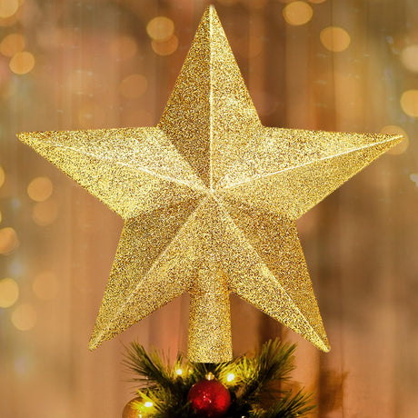 Glitter Christmas Star Tree Topper for Holiday Decorations, Christmas Tree Decoration for Holiday Ornament and Home Decor, Shatterproof Tree Toppers for Party Indoor ＆ Outdoor-Gold 8 inch SRISE