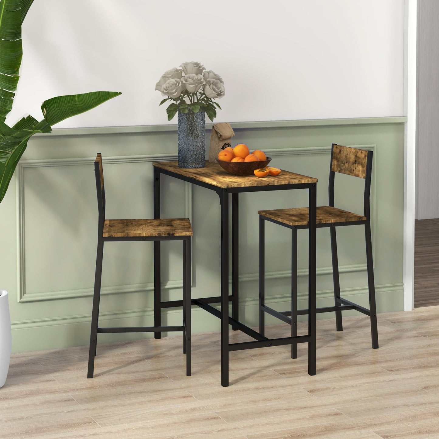 HOMCOM Rustic Brown 3-Piece Industrial Bar Table and Stool Set for Small Spaces