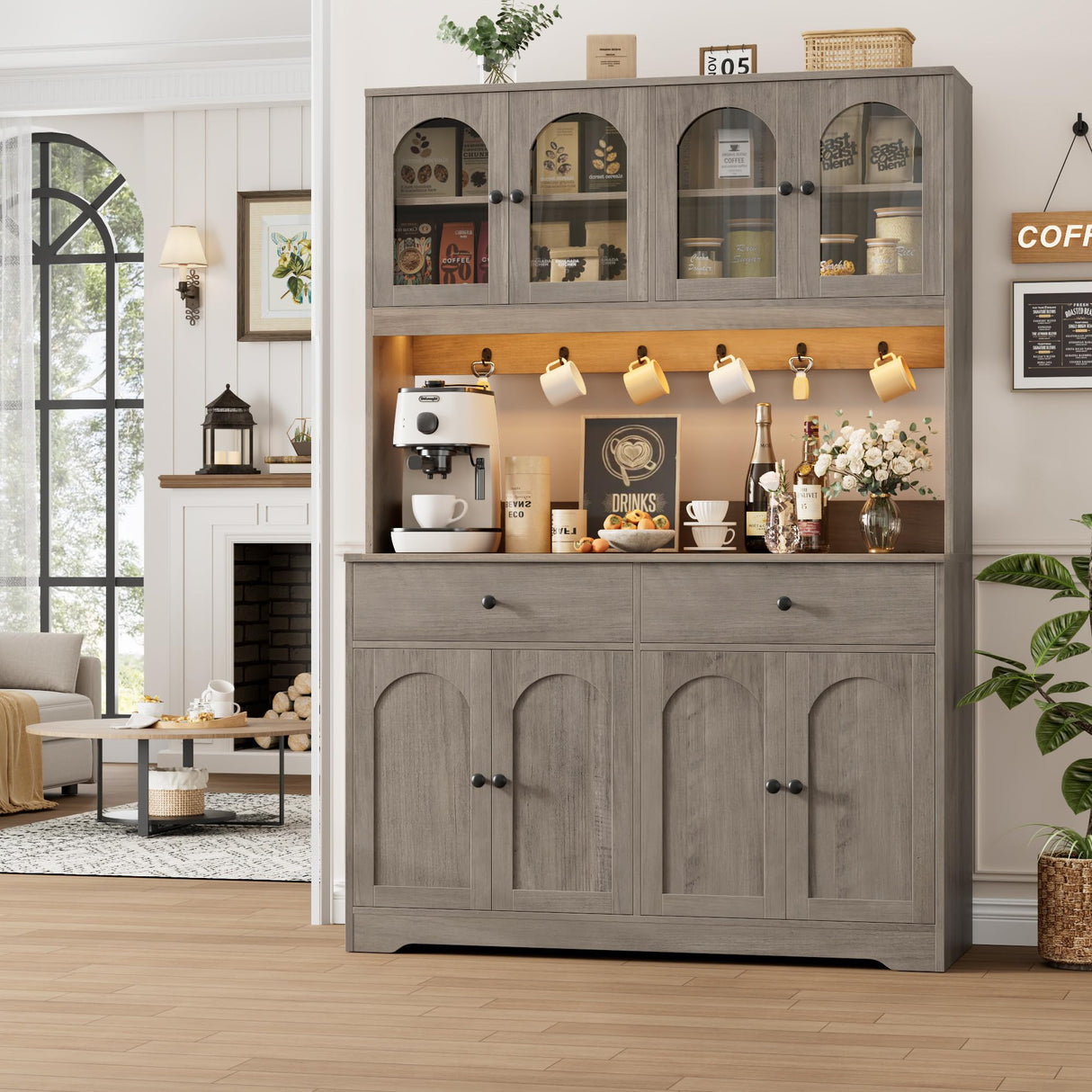 HIFIT 71" LED Kitchen Pantry Cabinet with Power Outlet, Large Kitchen Hutch Storage Cabinet with Arched Door, Shelves, 2 Drawer, Tall Farmhouse Coffee Bar w/Hutch for Home Dining Living Room, Ash Grey HIFIT