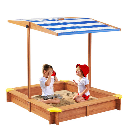 Kids Sandbox with Cover, 46" Wooden Sand Box w/Adjustable Canopy, Large Outdoor Cedar Sandpit for Backyard Play