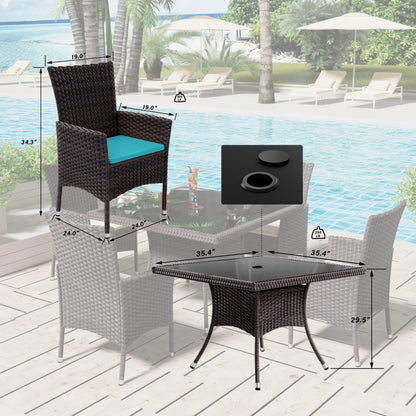 ASJMR 5 Pieces Dining Sets for 4 with Rattan Wicker Dining Set Chairs and Square Table Glass Top with Umbrella Cutout, Outdoor and Indoor Set for patio, backyard, garden, poolside, kitchen- Blue