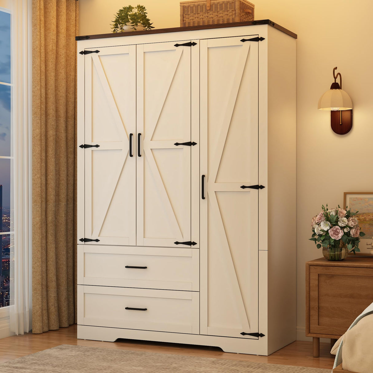 St.Mandyu Farmhouse Wardrobe Armoire Closet with 3 Doors and 2 Drawers, 70.1" Wooden Clothing Storage Cabinet, Freestanding Large Capacity Storage Wardrobe Armoire with Hanging Rod for Bedroom, White St.Mandyu