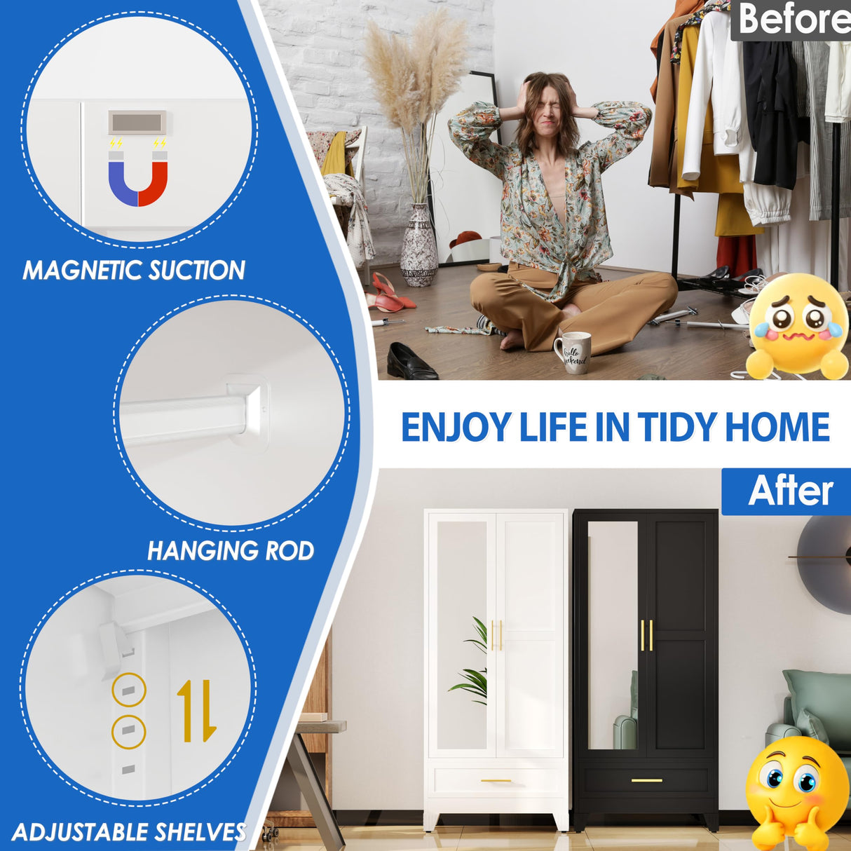 GAIOUS Steel Armoire Wardrobe Closet with Mirror Doors, 71" Household Wardrobe Cabinet with Hanging Rod and Drawer, Metal Clothing Storage Cabinet with Adjustable Shelf for Bedroom, Cloak, Gym(White) GAIOUS