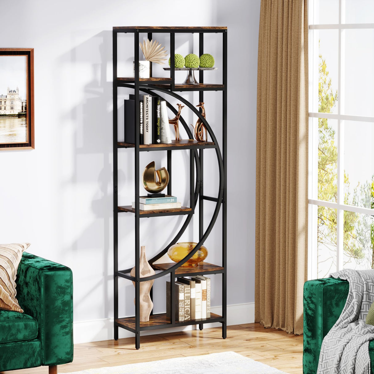 Celaform Geometric Bookshelf, 70.9" Tall Bookcase with 7-Shelf Open Shelves, Wood Metal Book Shelf Display Rack Storage Shelving Unit for Office, Bedroom, Living Room, Easy Assembly, Rustic Brown Celaform