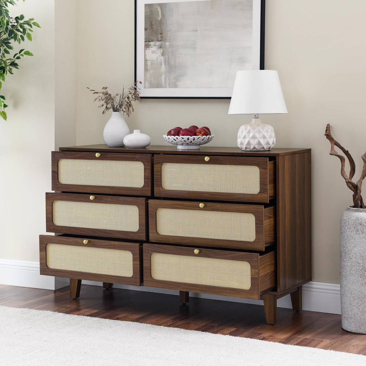 NicBex Rattan Dresser for Bedroom with 6 Drawers,Modern Cannage Rattan Wood Closet Chest of Drawers,Rattan Storage Dresser for Closet, Bedroom,Living Room,Hallway,Natural Walnut NicBex