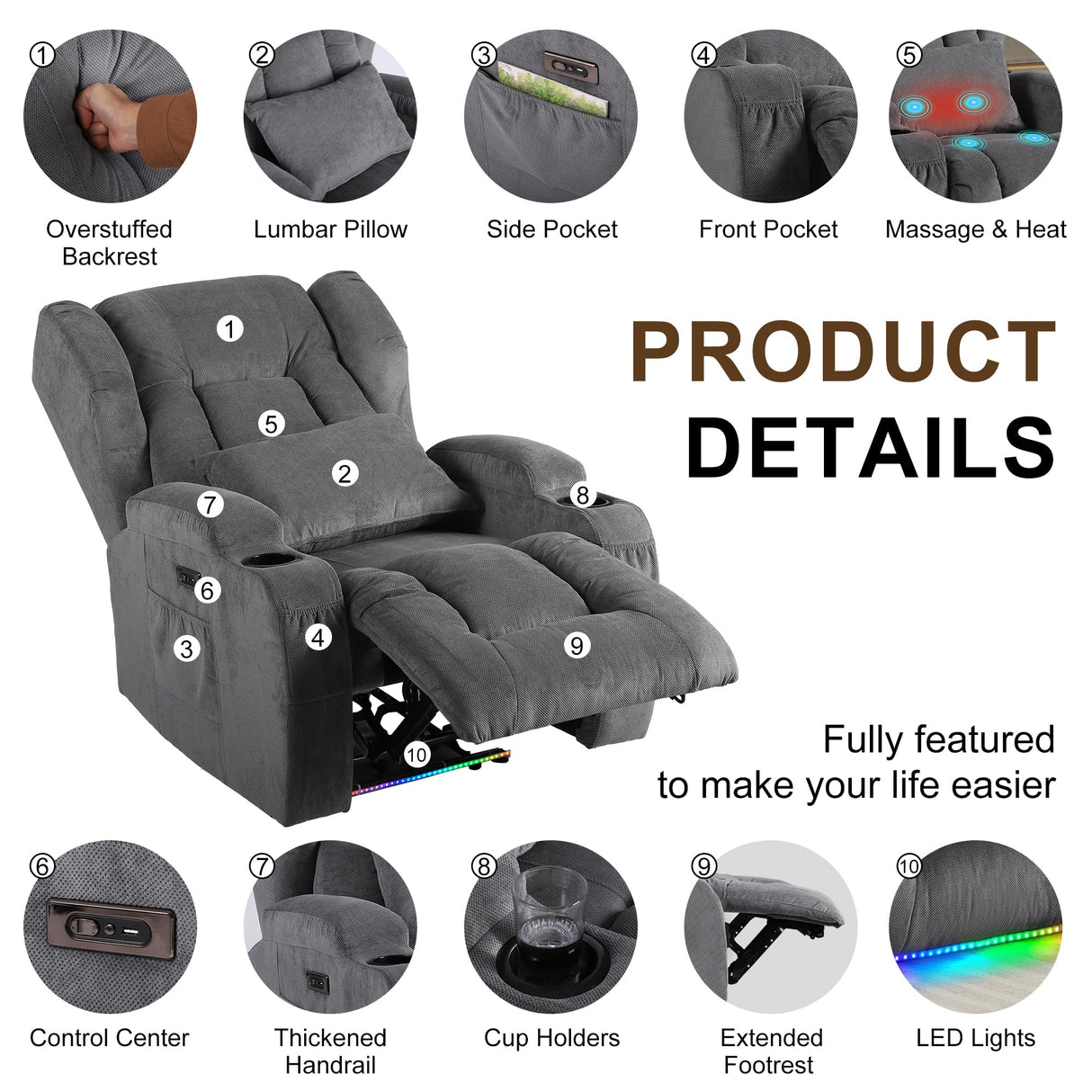 DRMBOOK Power Recliner Chair, Electric Wall Hugger Reclining Sofa with Massage & Heat, Overstuffed Movie Theater Seating with LED/USB Port/Cup Holders for Living Room (Linen Grey, 1 Chair) DRMBOOK