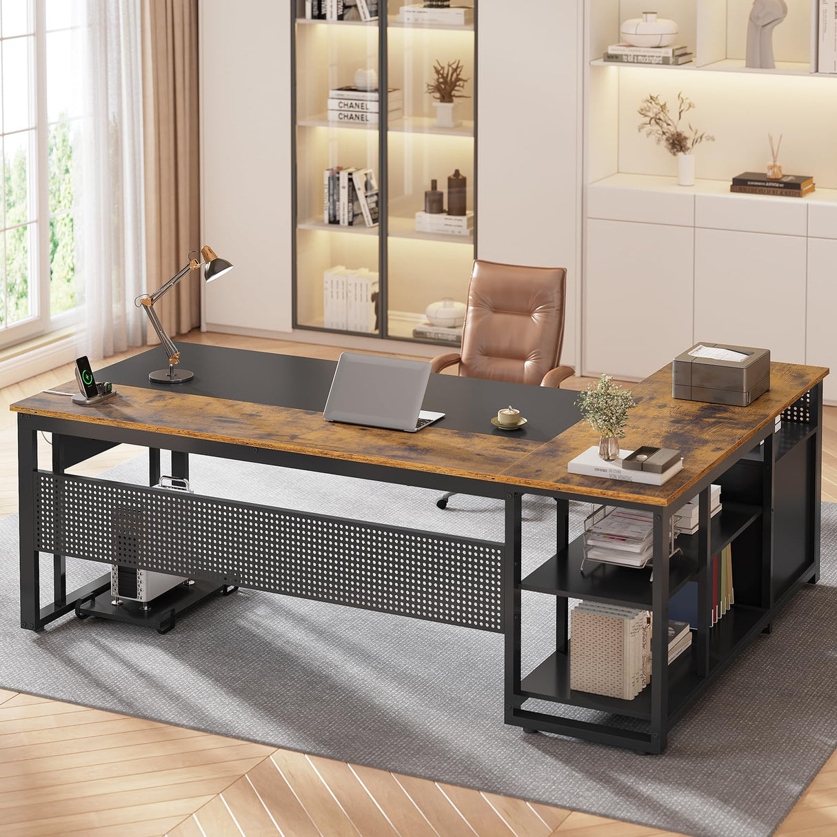 UPOSOJA 71 in Executive Desk with Power Outlets, Reversible L Shaped Desk with File Drawers & Storage Shelves, Large Office Desk Computer Desk with Pegboard, Mobile CPU Stand, Modern Corner Desk UPOSOJA