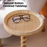 HuiDao Drink Table，Rattan Round Small Side Table for Small Spaces, Boho Circle End Table Coffee Table with Solid Wood Leg for Living Room, Pedestal Table for Bedroom, Corners HuiDao