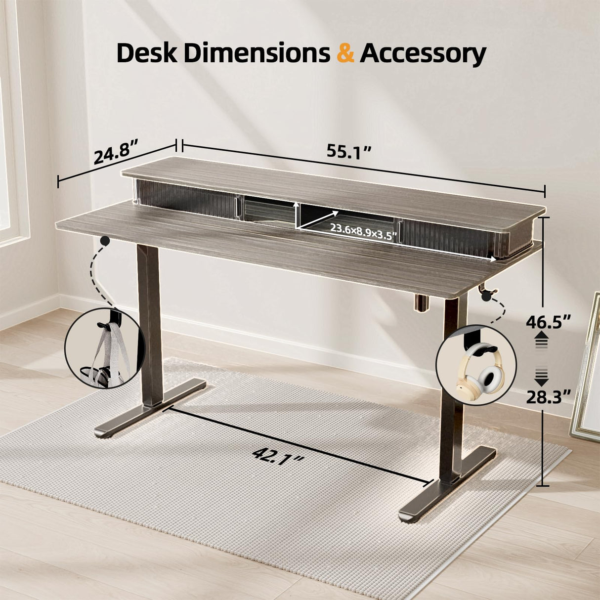 JOY worker Height Adjustable Electric Standing Desk with Storage Shelves, 55Inch Table with Built-in Monitor Stand, Sit Stand Desk with 2 Hooks for Home Office, Grey Desktop & Black Frame JOY worker