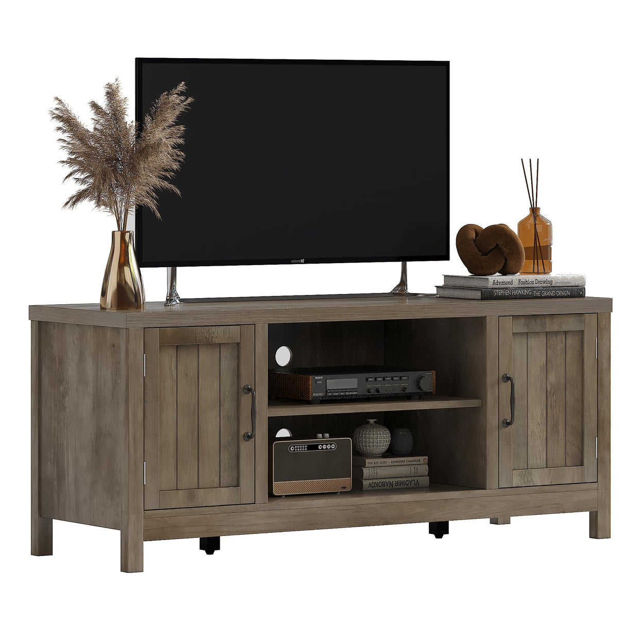 ChooChoo Farmhouse TV Stand, Wood Grooved Door Entertainment Center with Storage Cabinets and Open Shelves, Rustic Media Console up to 55 inches for Living Room, Bedroom, Grey Wash ChooChoo