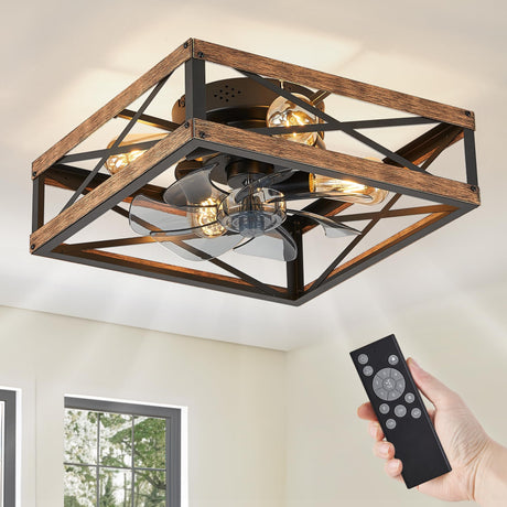 LEDIARY Caged Low Profile Ceiling Fans with Lights and Remote, Rustic Square Flush Mount Ceiling Fan, 6 Speed and Reversible, Small Farmhouse Bladeless Ceiling Fan for Bedroom, Kitchen, Dining Room LEDIARY