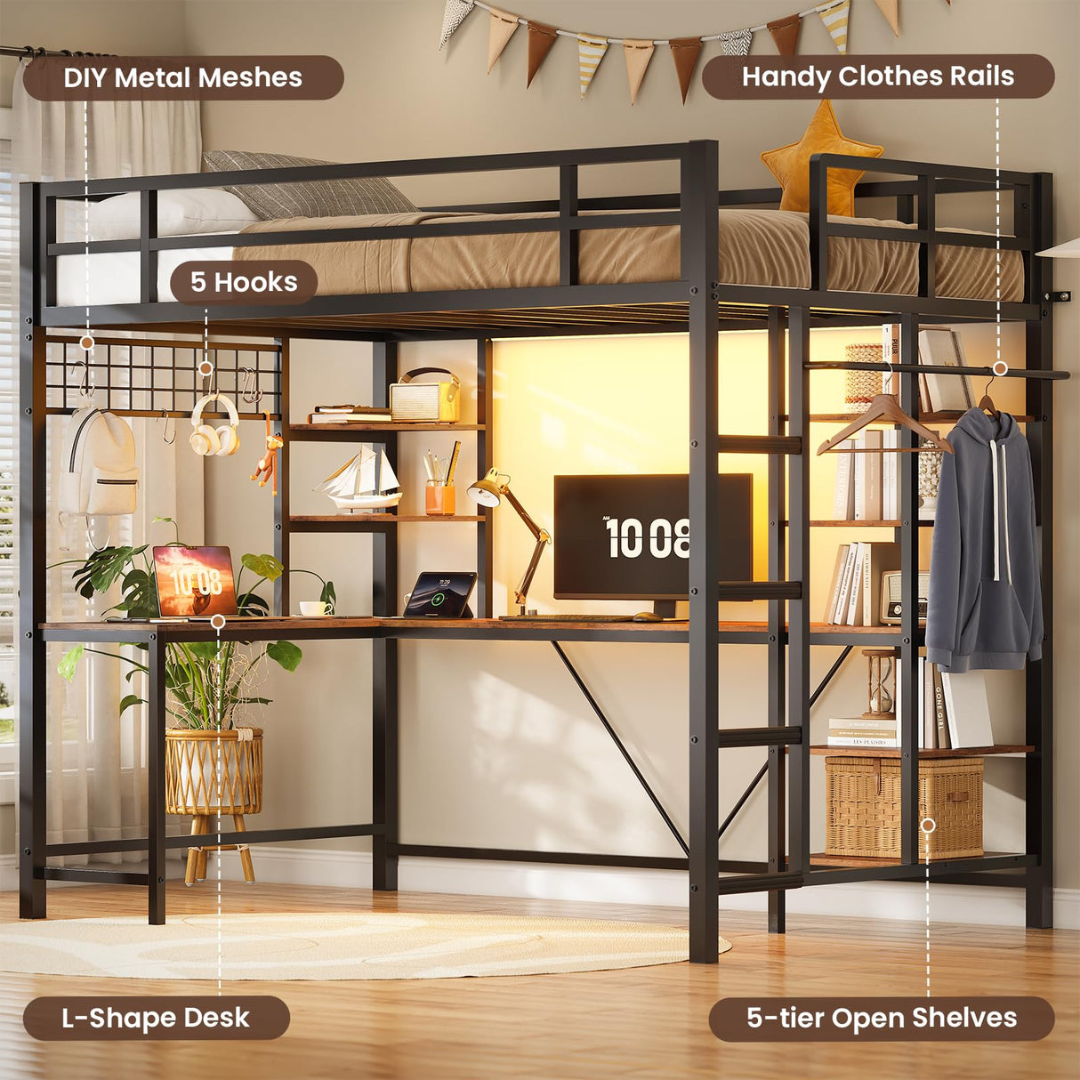 VIAGDO Loft Bed with Desk with Charging Station & LED Lights, Loft Bed Twin Size with Storage Shelves,Clothing Rail, Metal Twin Loft Bed with Safety Guard & Ladder, No Box Spring Needed (Black) VIAGDO