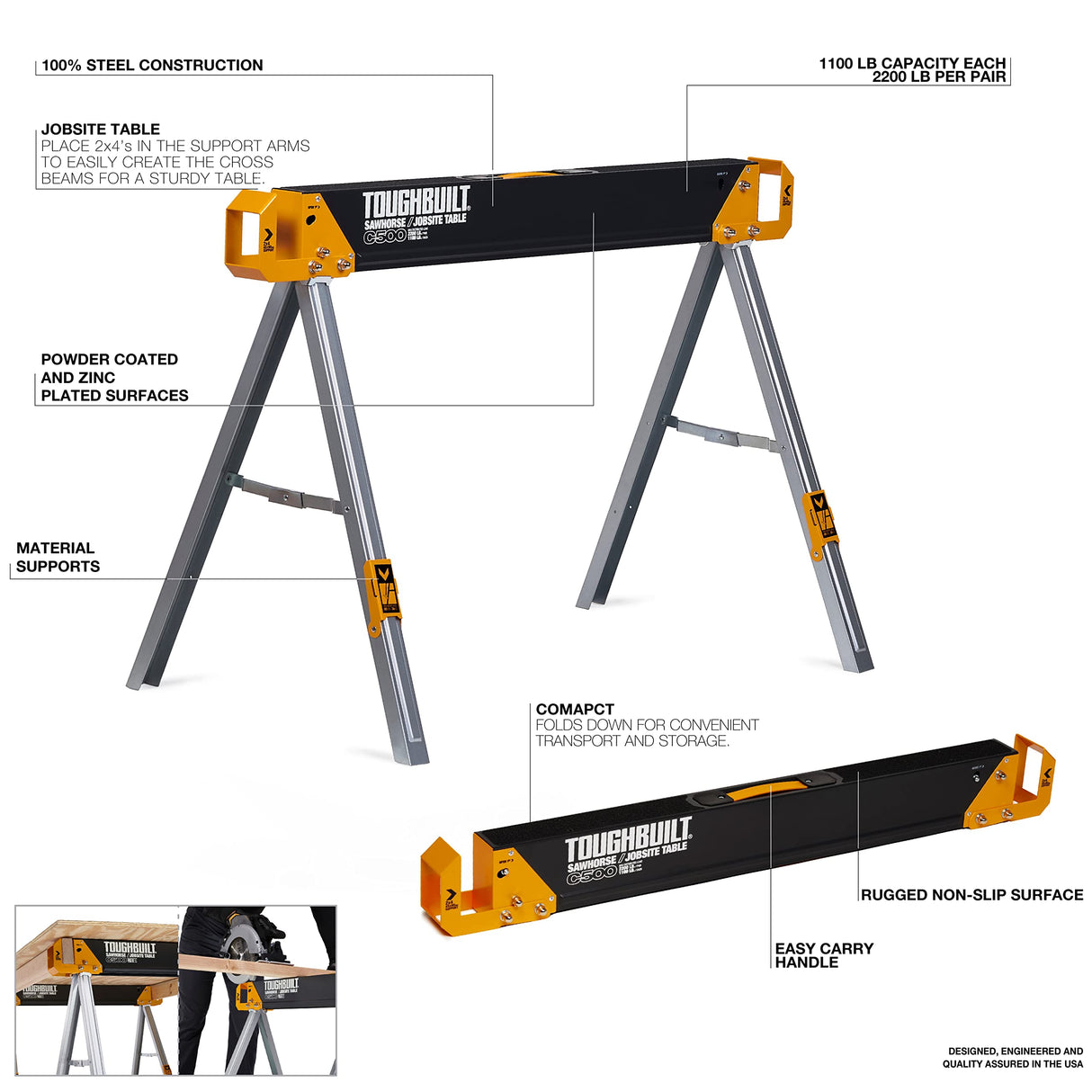 ToughBuilt - Sawhorses with 2x4 Support Arms 1100 LB Capacity - Heavy Duty Construction with Fast Open Legs and Easy Grip Handle - (TB-C500) - 2-Pack ToughBuilt