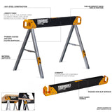 ToughBuilt - Sawhorses with 2x4 Support Arms 1100 LB Capacity - Heavy Duty Construction with Fast Open Legs and Easy Grip Handle - (TB-C500) - 2-Pack ToughBuilt