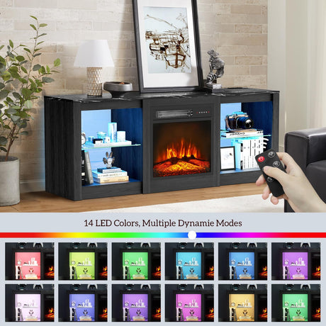 BREEZEHEAT 58 inch TV Stand with 18" Fireplace Inserts-Led Entertainment Center for TVs Up to 65"-TV Console for Living Room with Glass Shelves, LED Lights and Power Outlets (Black) BREEZEHEAT
