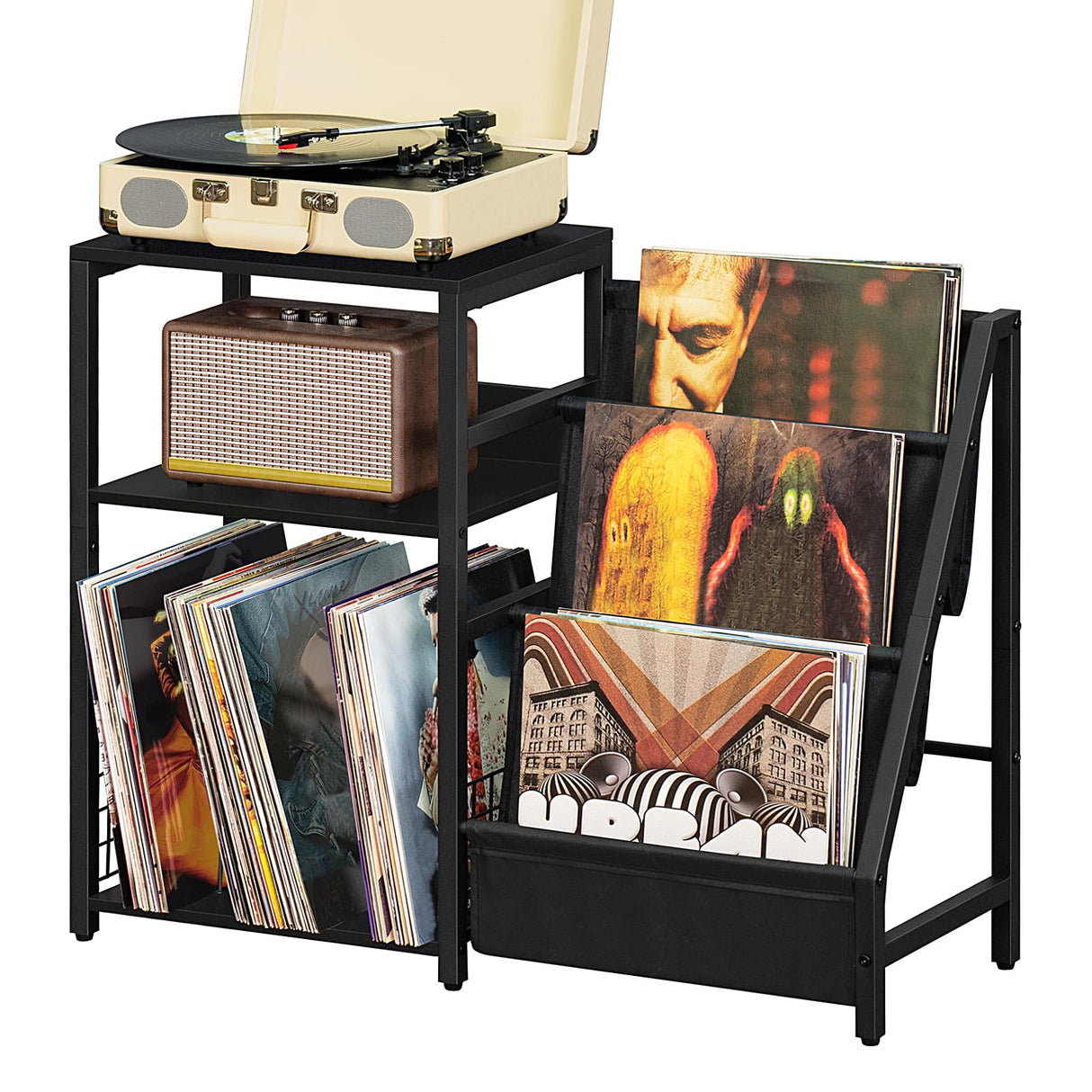 LELELINKY Black End Table,Record Player Stand with Vinyl Storage,3 Tier Side Table with Display Shelf Storage Up to 150 Albums,Industrial Large Record Holder Cabinet for Living Room LELELINKY