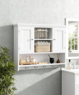 Irontar 31.5" L Large Medicine Cabinet with 4 Hooks, Wooden Bathroom Wall Cabinet with Shelf, Modern Hanging Cabinet Over Toilet, Lined Door, for Living Room, Entryway, Kitchen, White Irontar