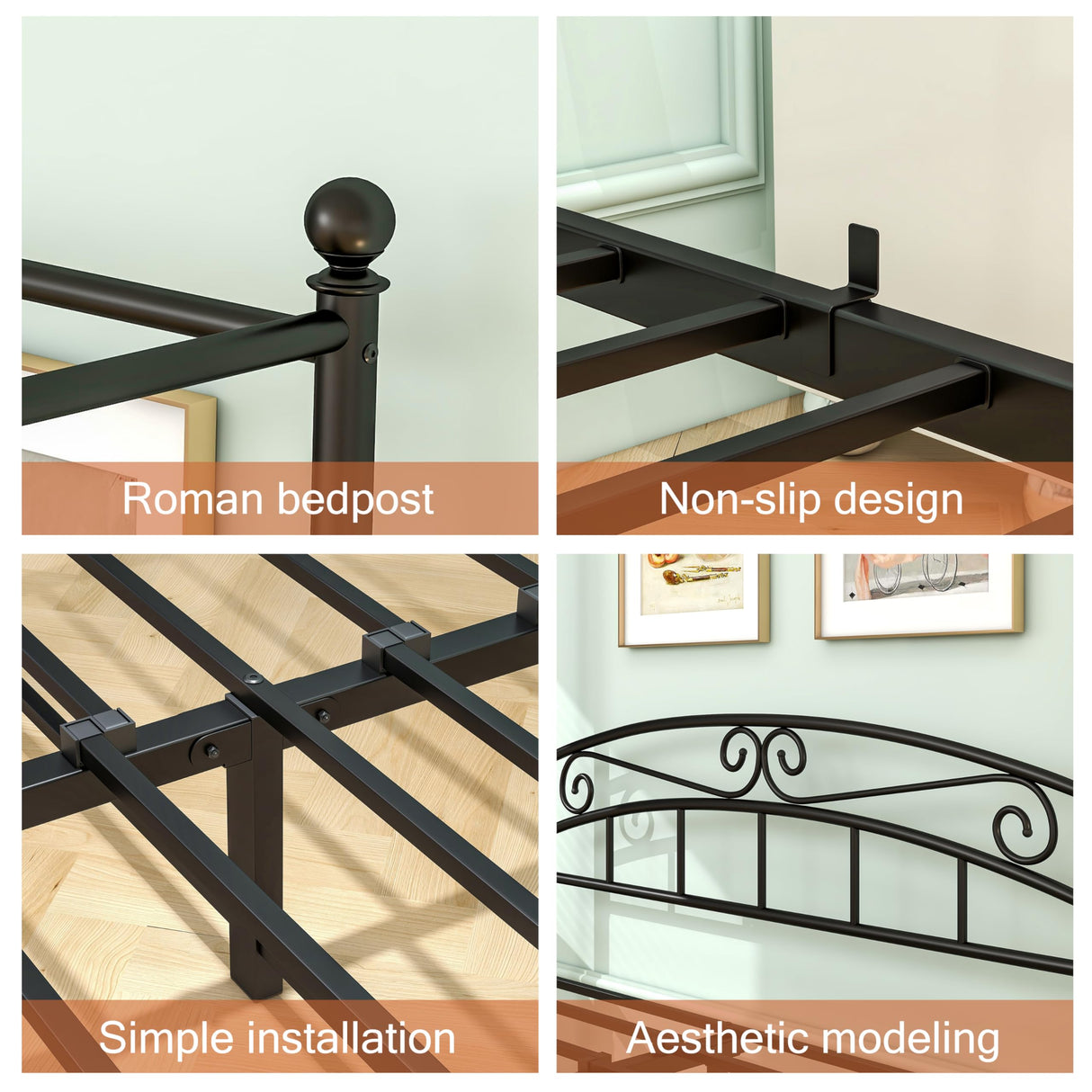 MaiDeHaoo Metal Canopy Bed Frame Queen Size, Metal Platform Bed with Sturdy Slatted Structure, 4-Poster Canopy Bed Frame with Headboard and Footboard, Noise-Free, Black MaiDeHaoo